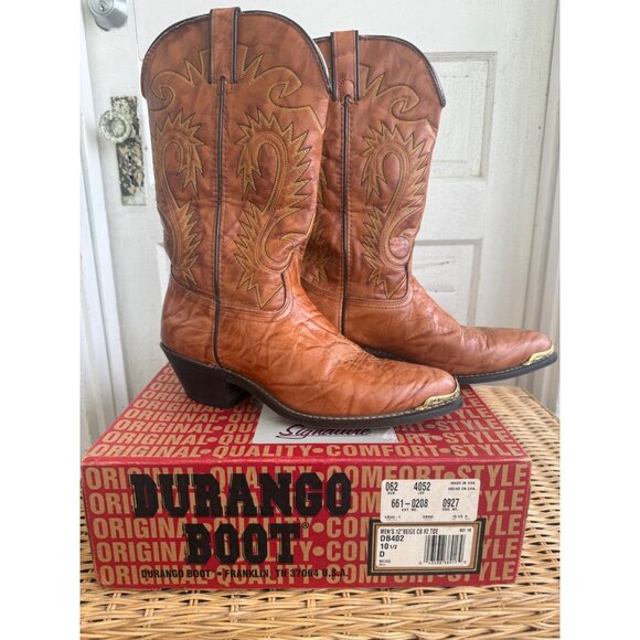 Vintage 80s Mens Honey Brown Western Durango Boots Brass Toe 10.5D - Picture 1 of 16